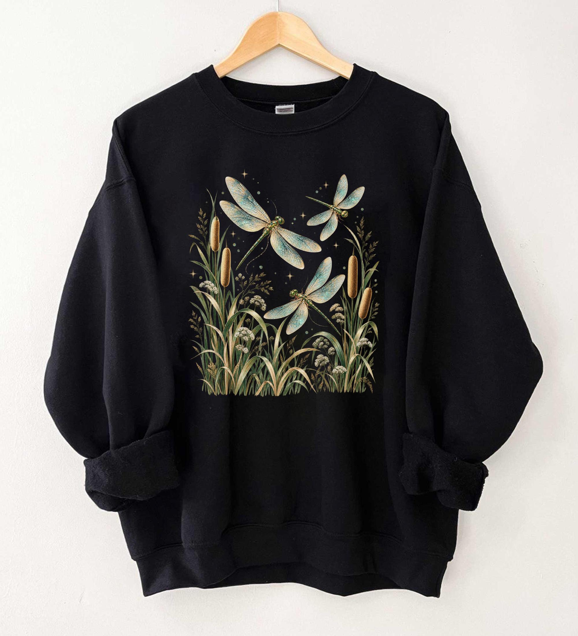 Boho Dragonfly Cottagecore Sweatshirt Botanical Wildflower Cattail Meadow Graphic Whimsical Fairycore Nature Gift