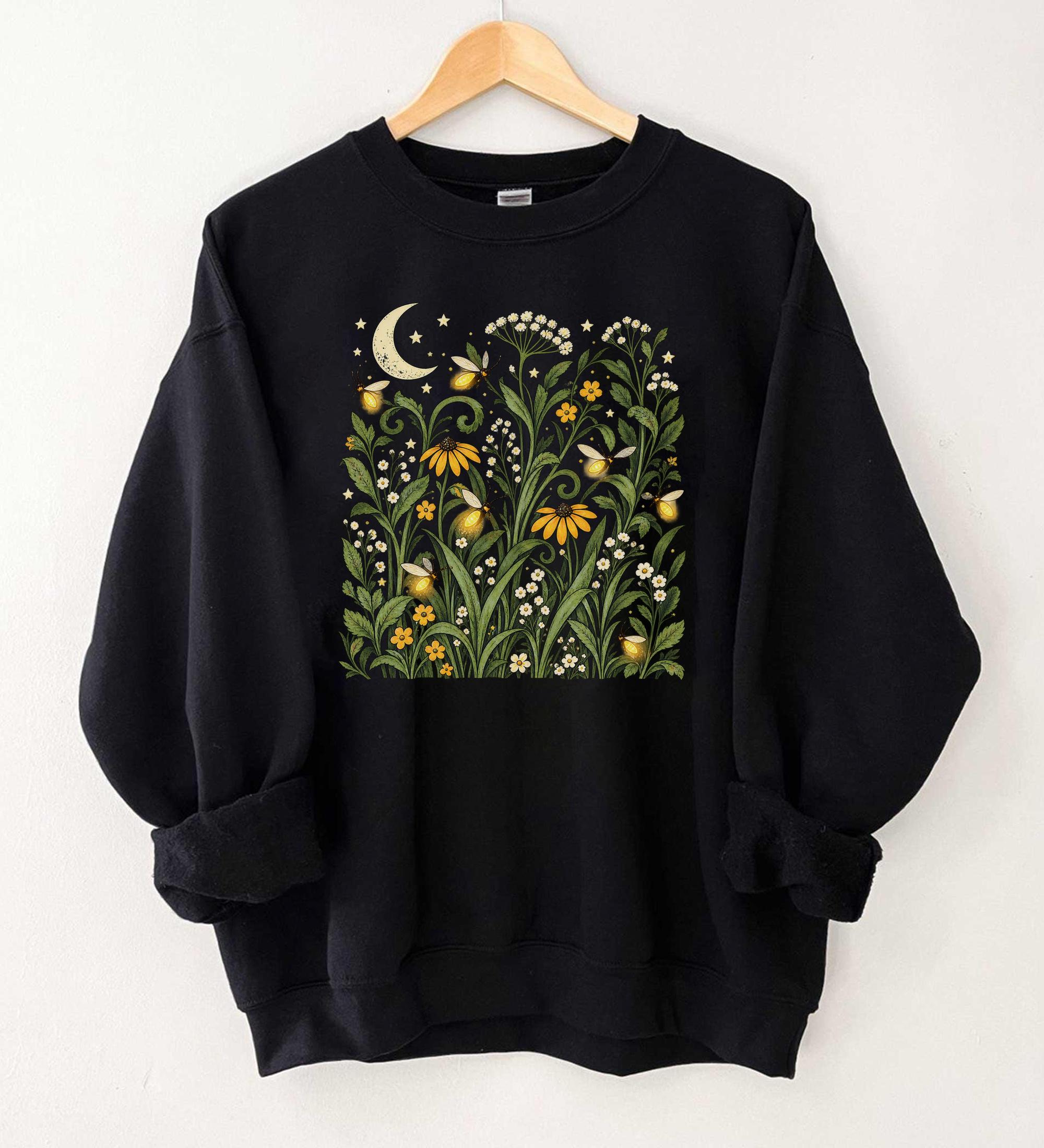 Boho Firefly Wildflower Sweatshirt Botanical Night Garden Graphic Celestial Cottagecore Meadow Nature Gift