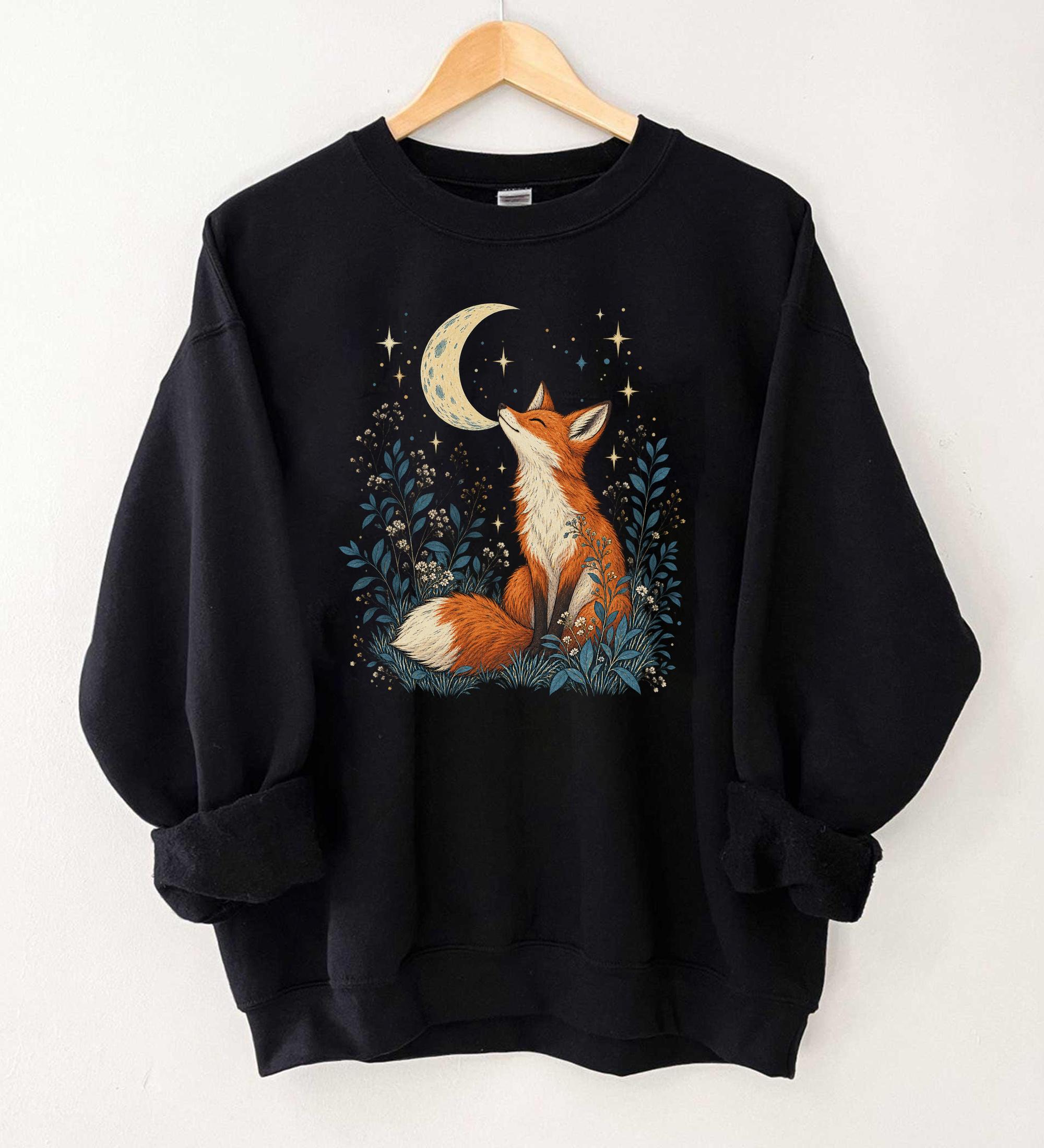 Boho Folklore Fox Sweatshirt Celestial Moon And Stars Woodland Animal Graphic Mystical Cottagecore Nature Gift