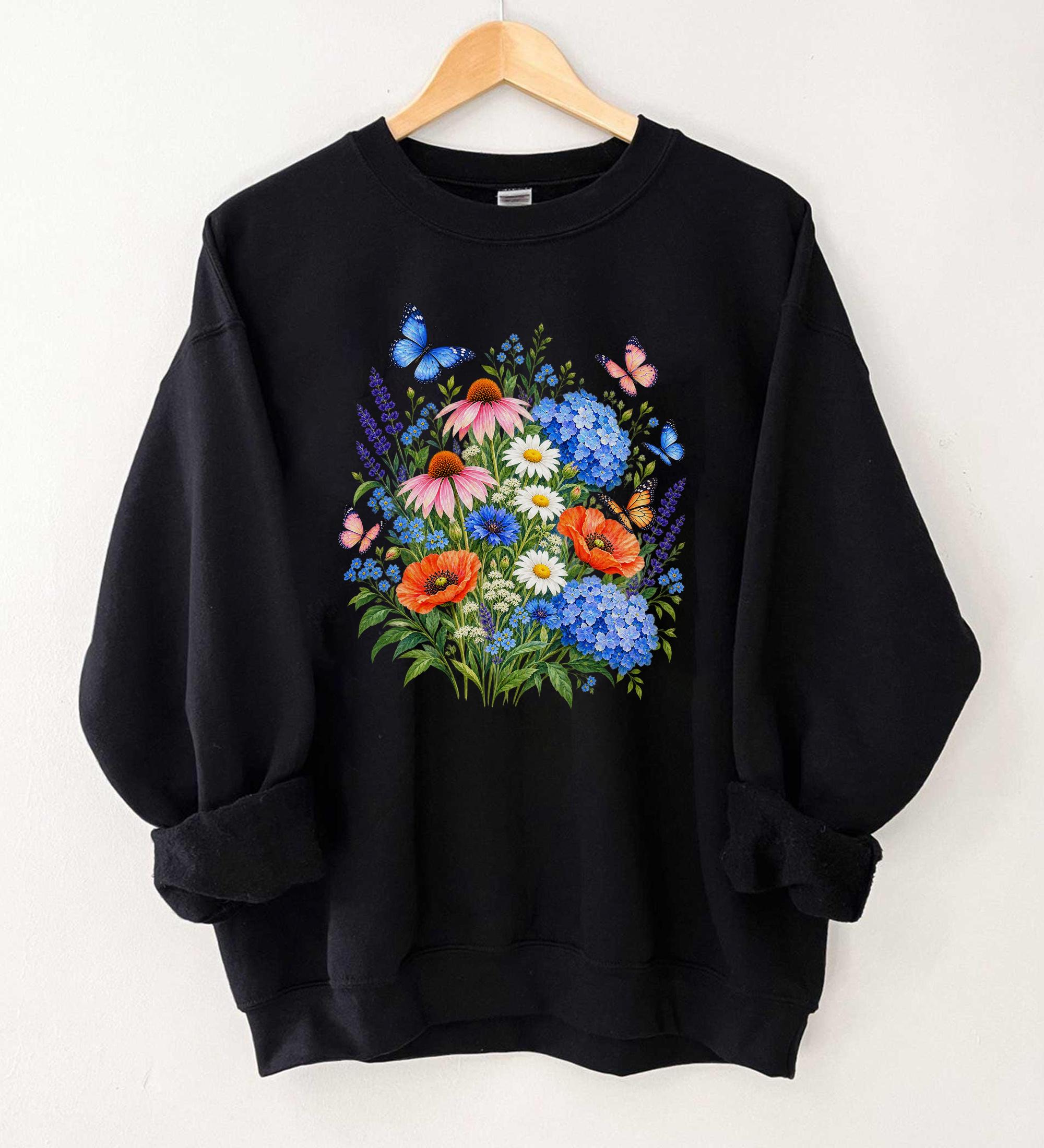 Butterfly Meadow Floral Sweatshirt Cottagecore Hydrangea Botanical Garden Graphic Nature Lover Gift For Women