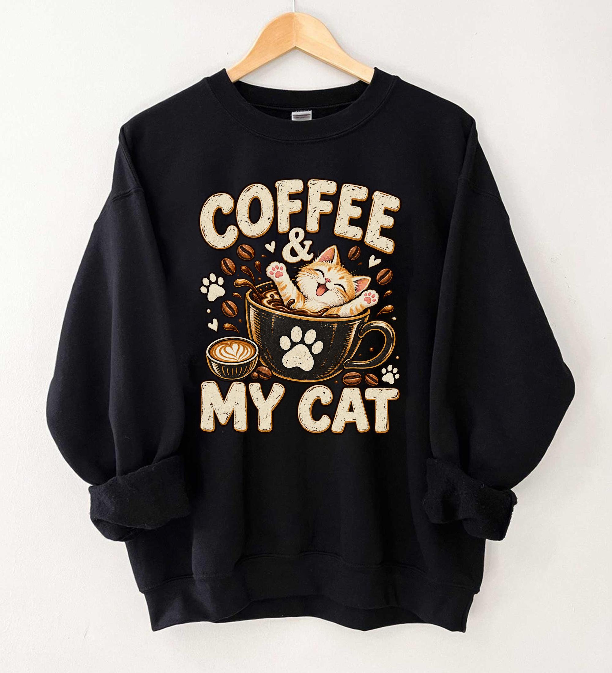 Coffee My Cat Sweatshirt Sleeping Kitten Espresso Graphic Retro Coffee Lover Cat Mom Gift For Women